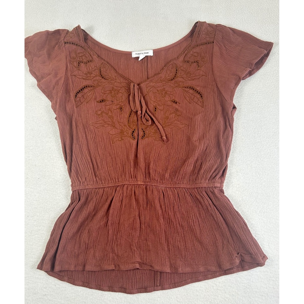 Thread & Clover Peplum Blouse Womens XS Rust Brown Bohemian Embroidered